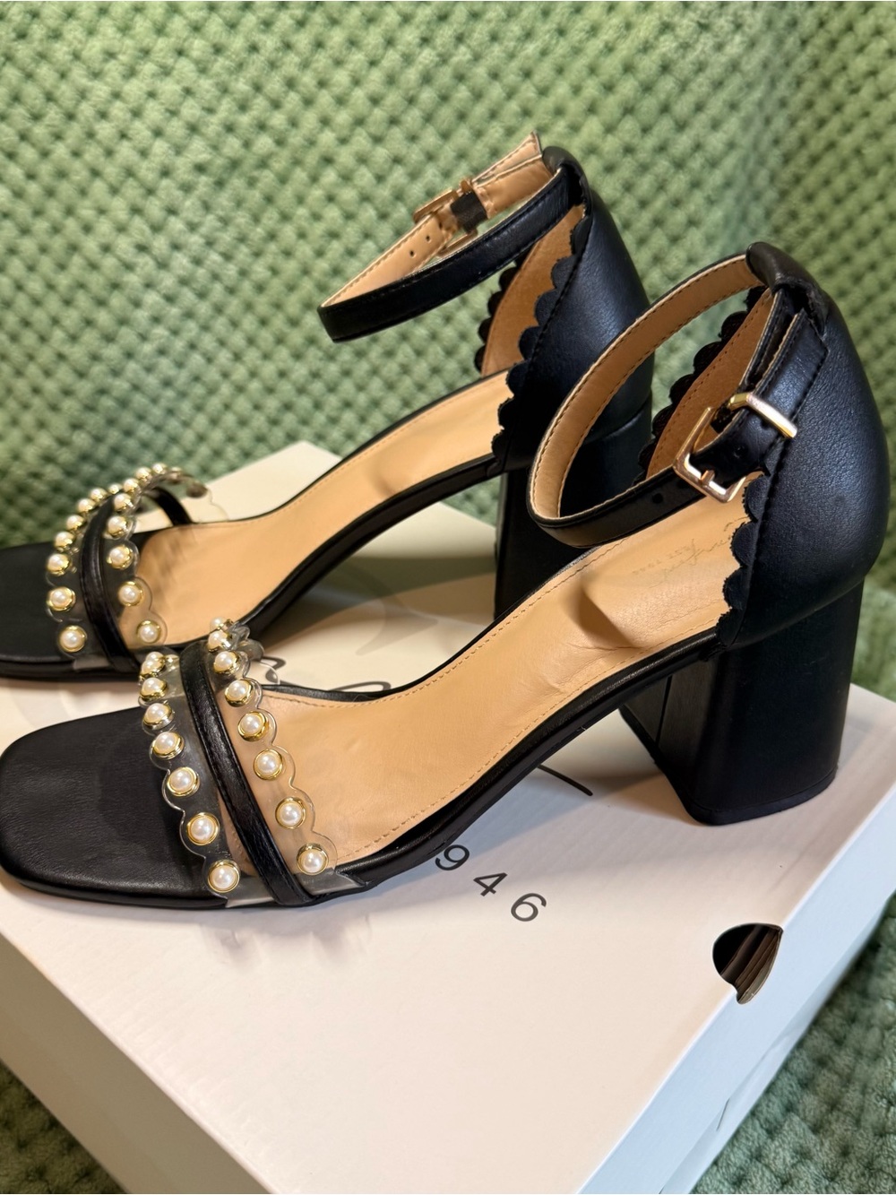Cato Black Ankle-Strap Block Heels with Pearl Accent